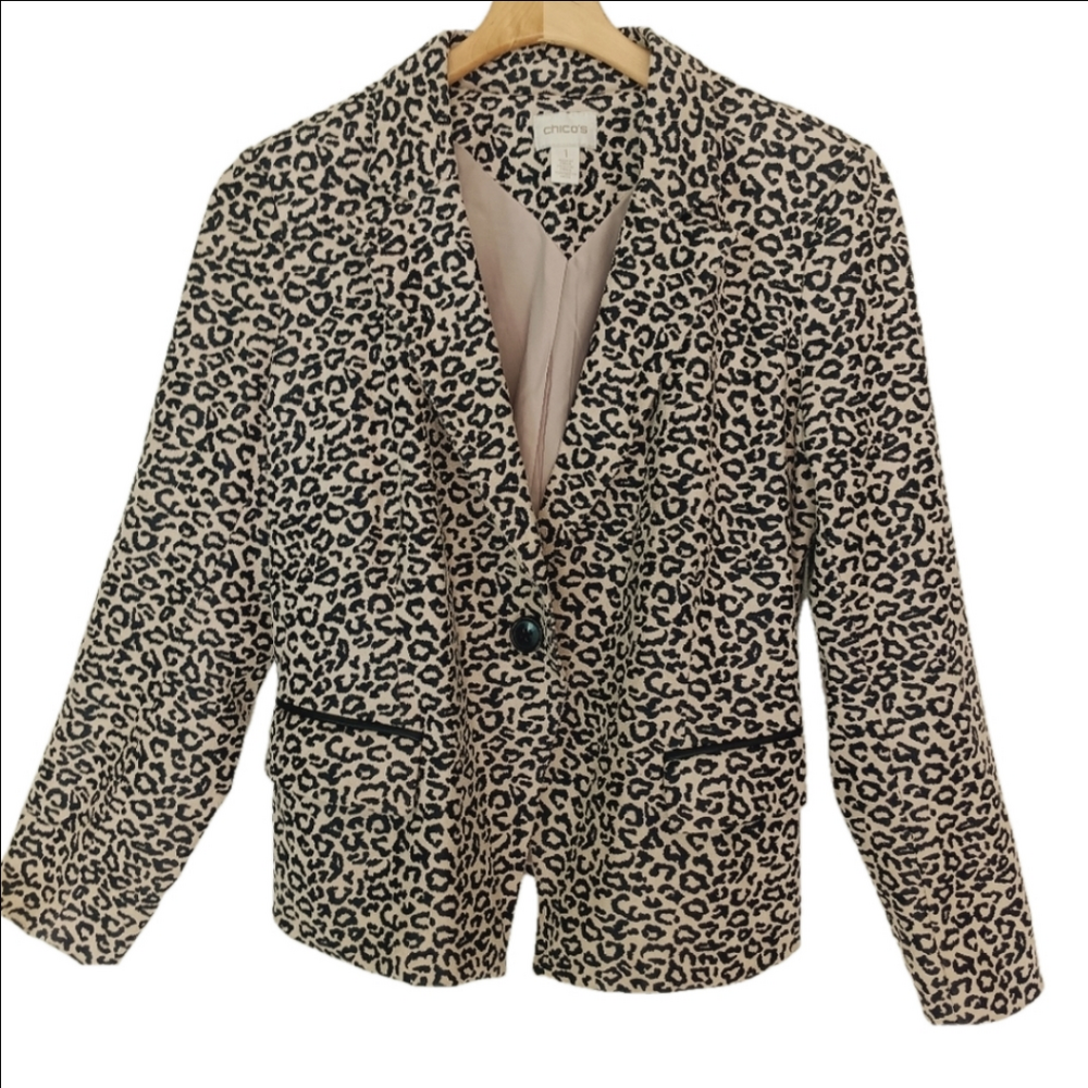 Chico's Animal Print Blazer Jacket Lined Button Closure Collar US Size 1 Small‎